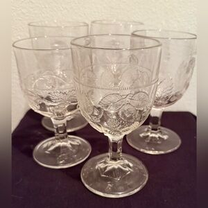 5 EAPG (Early American Pressed Glass) wine glasses. 5 various. 1890s Antique